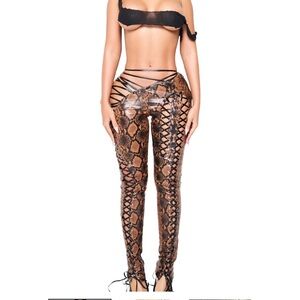 Snake Print Lace-Up High-Waist Pants - Brown